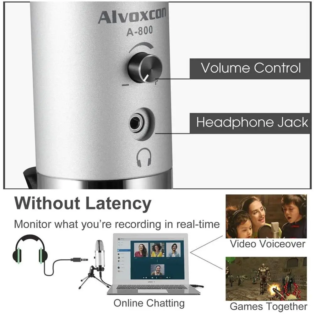 USB микрофон Alvoxcon компьютерный с разъемом для наушников и монитора Mac Windows ПК