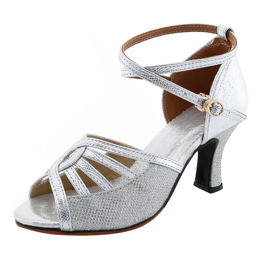 

Women Latin Sandals Cross Ties Open-toed High Heels Cozy Dancing Shoes Square Heel
