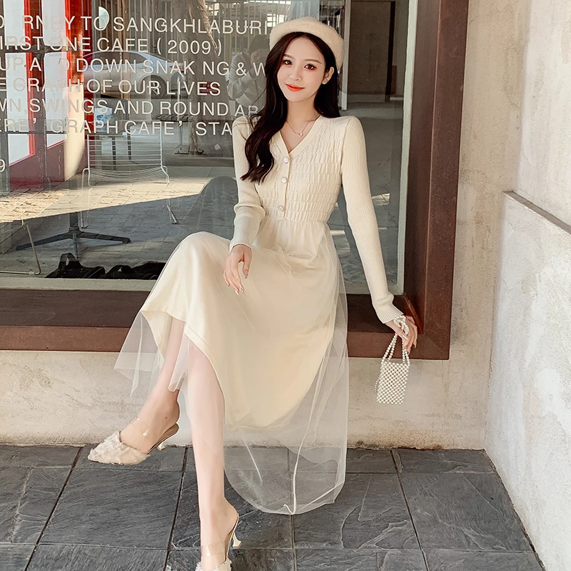 

V-neck knitted dress 2021 women's new red knitted dress female stitching net yarn waist thinning Hepburn base sweater skirt