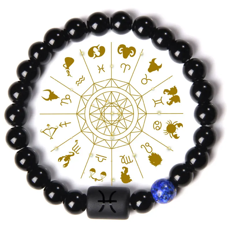 

Constellation Zodiac Signs Charm Bracelet Men Natural Black Onyx Stone Beads Elastic Bangles Friendship Jewelry Women Pulsera
