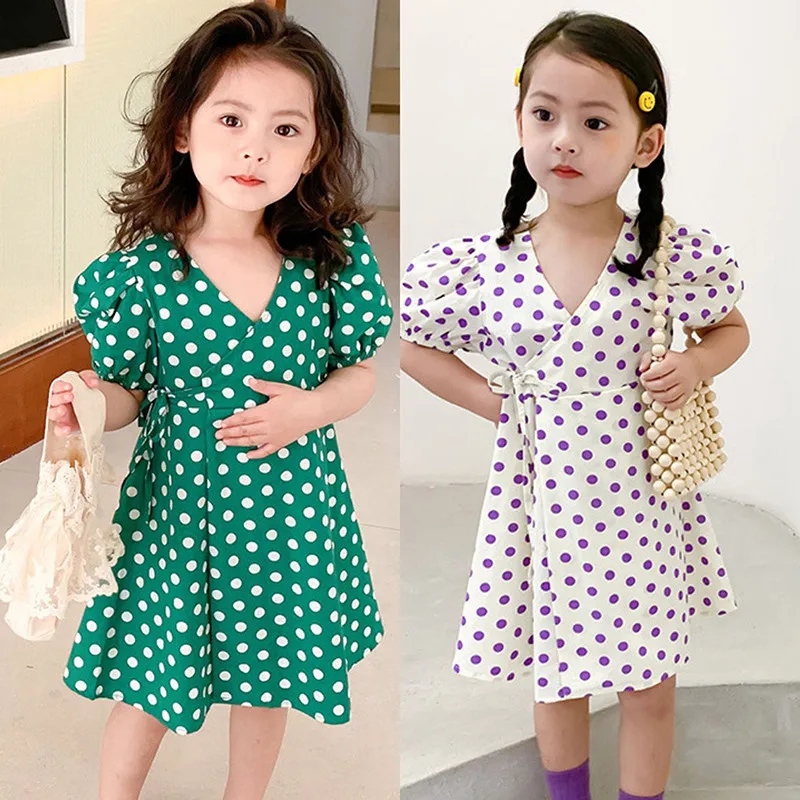 

Girls Sleeve Clothes Dress Dress Dress V-neck Dot Polka Children's Summer New Puff Princess Kid Printing New Kid Clothes Polka