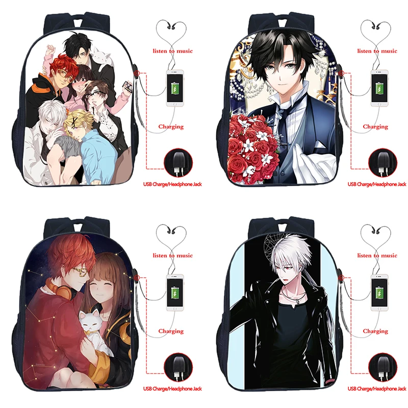 

Mystic Messenger USB Charge Backpacks Laptop bag Boys Girls Teens School Daily Rushpack Bags Men Women Fashion Travel Mochila