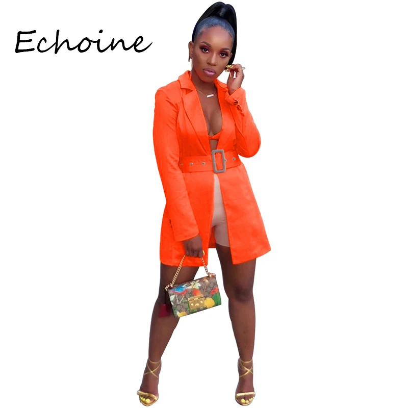 Женский Повседневный блейзер с отложным воротником и поясом оранжевое длинное