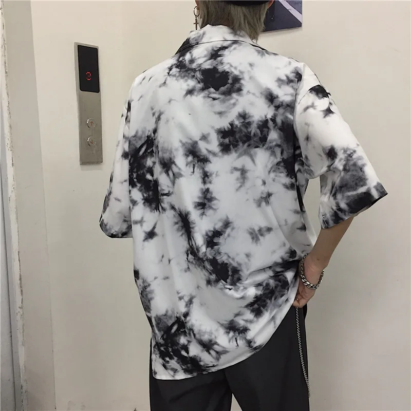 black white Tie Dye, Ретро стиль, хиппи, с принтом, короткий рукав, v-образный вырез, отложной, свободная блузка, летняя, Harajuku, уличная, Корейская, женская рубашка, топ, блуза - Цвет: black white