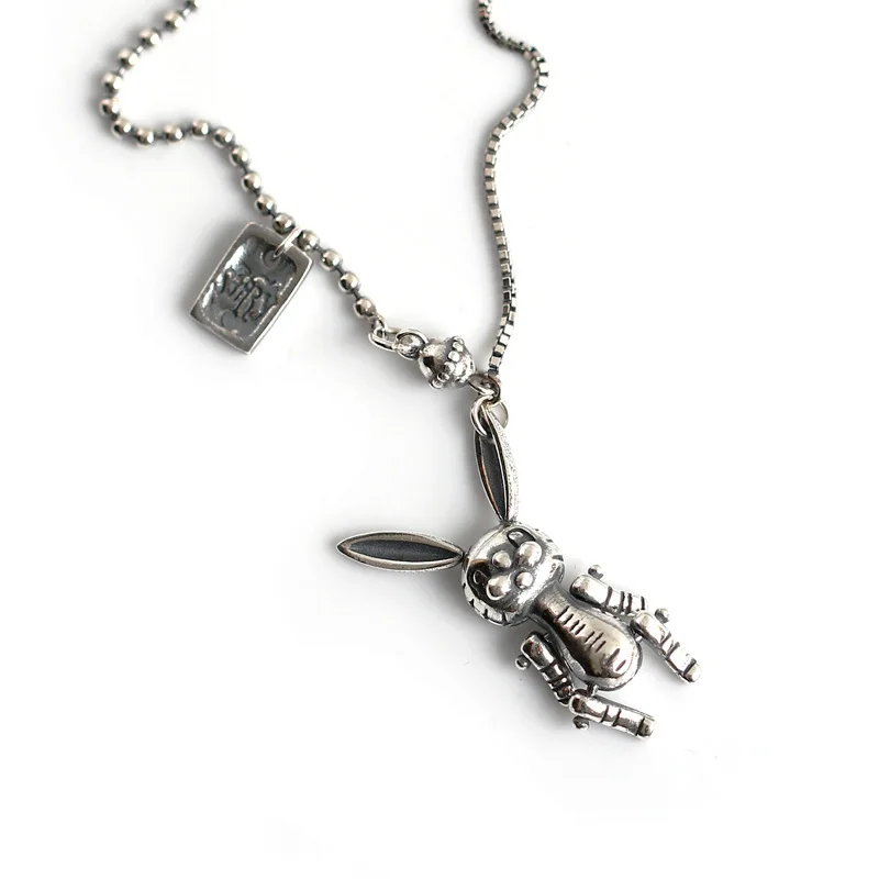

Rabbit Necklace S925 Sterling Zodiac Movable Vintage Net Red Pendant For Young Girl Ladies Thin Chain Jewelry