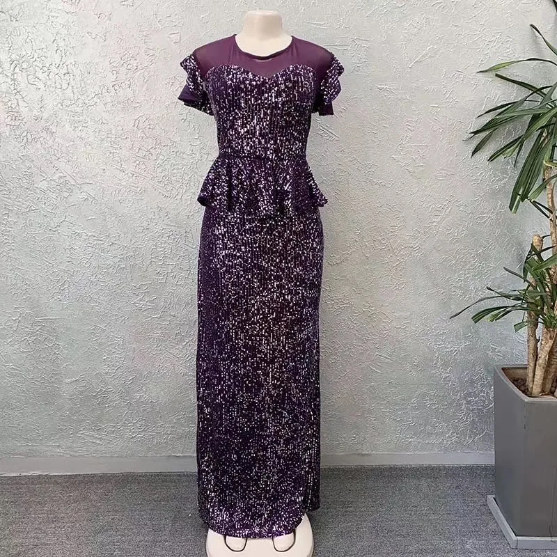 Unique Fashion Stretch Sequins sexy evening party lady Mermaid skirt popular Ruffle sleeve African dresses for women