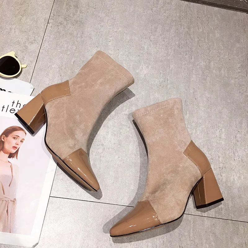 Beste 2019 Herfst Winter Nieuwe Breien Stretch Laarzen Sok Laarzen Hot Verkoop Enkel Korte Laarzen Puntige Teen Lage Dikke Hakken Slip Op Botas