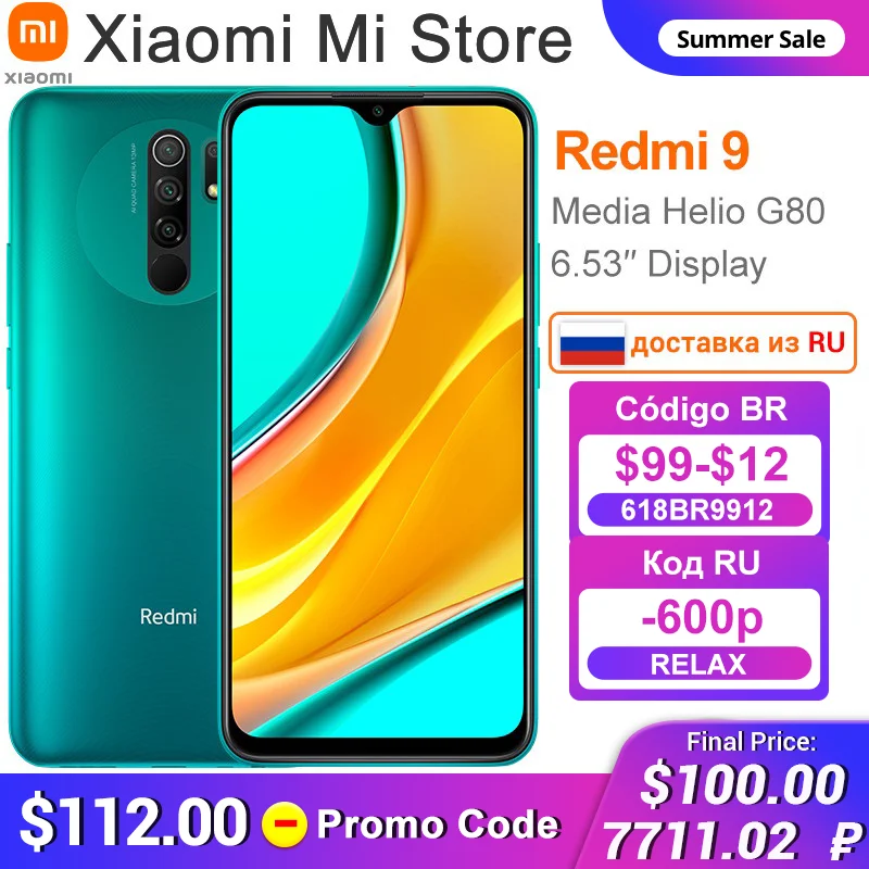  In Stock Global Version Xiaomi Redmi 9 Smartphone 3GB 32GB Helio G80 Octa core 13MP AI Quad Camera 6.53” Display 5020mAh 