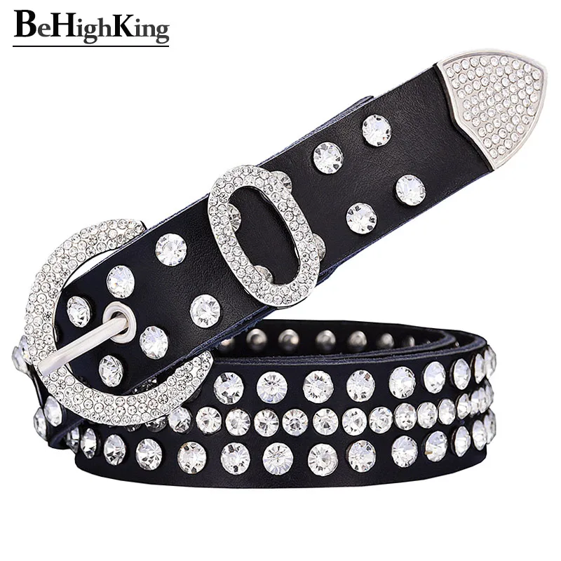 Fashion genuine leather rhinestone belts for women Luxury shining silver ring Pin Buckle belt female jeans strap width 2.8 cm