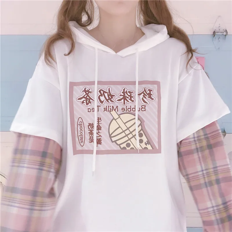 

Autumn Perppy Small Fresh Girl Pearl Milk Tea Print Color Matching Hoodies Loose Bestie Fake Two Pullover