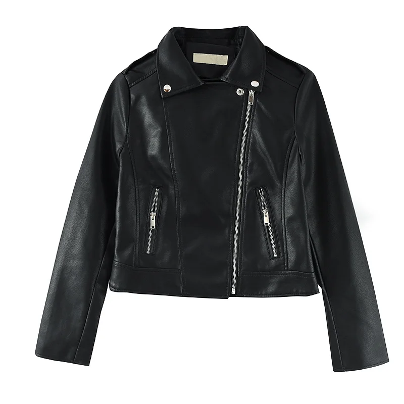 Short Korean Lapel Faux PU Leather Jacket Spring Autumn 2021 Slim Long sleeve Epaulette Zipper Casual Biker jacket Abrigo Mujer
