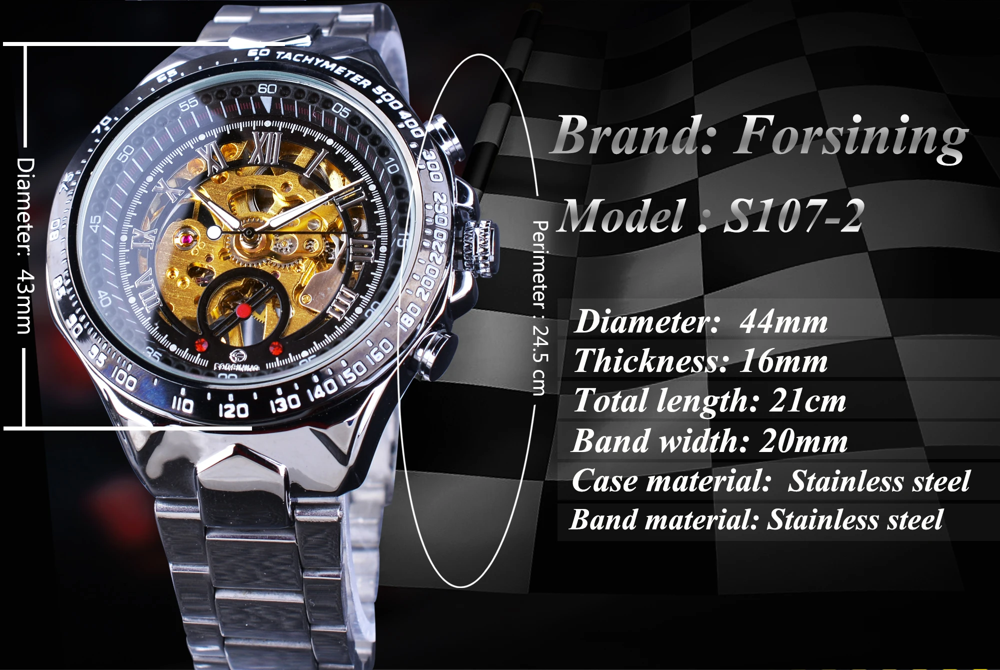 Мужские наручные часы Forsining Золотые спортивные из нержавеющей стали с серебряным