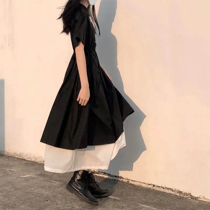 

Summer Dress Women Fake Two-piece Design College Sweet Loose Black Dresses Fashion Short Sleeve Womens Mid-calf Dress Vestidos