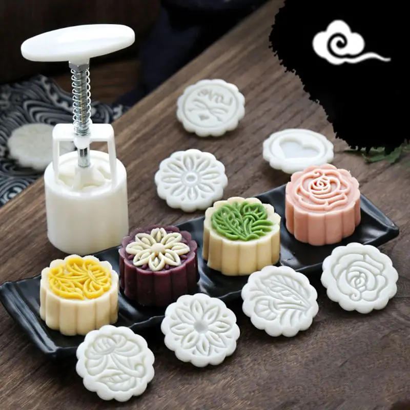 

YYSD 6pcs 3D Flowers Stamps Moon Cake Decor Mould Barrel Round Mooncake Mold 50g Pastry Mooncakes Hand DIY Tool