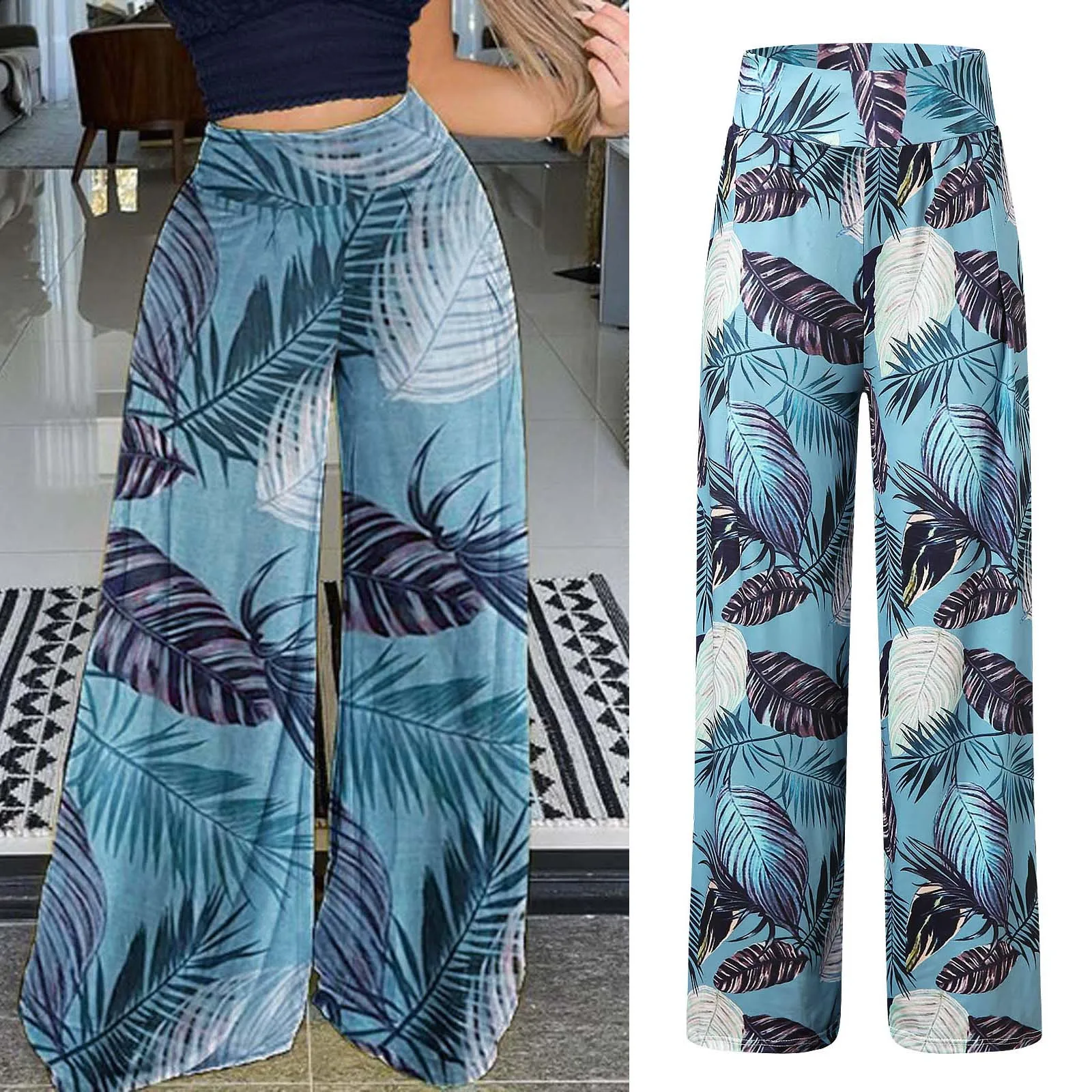 

JAYCOSIN Women Wide Leg Pants High Waist Printing Easy Trousers Long Pants Boho Beach Pockets Pants Ankle-Length Long Trousers