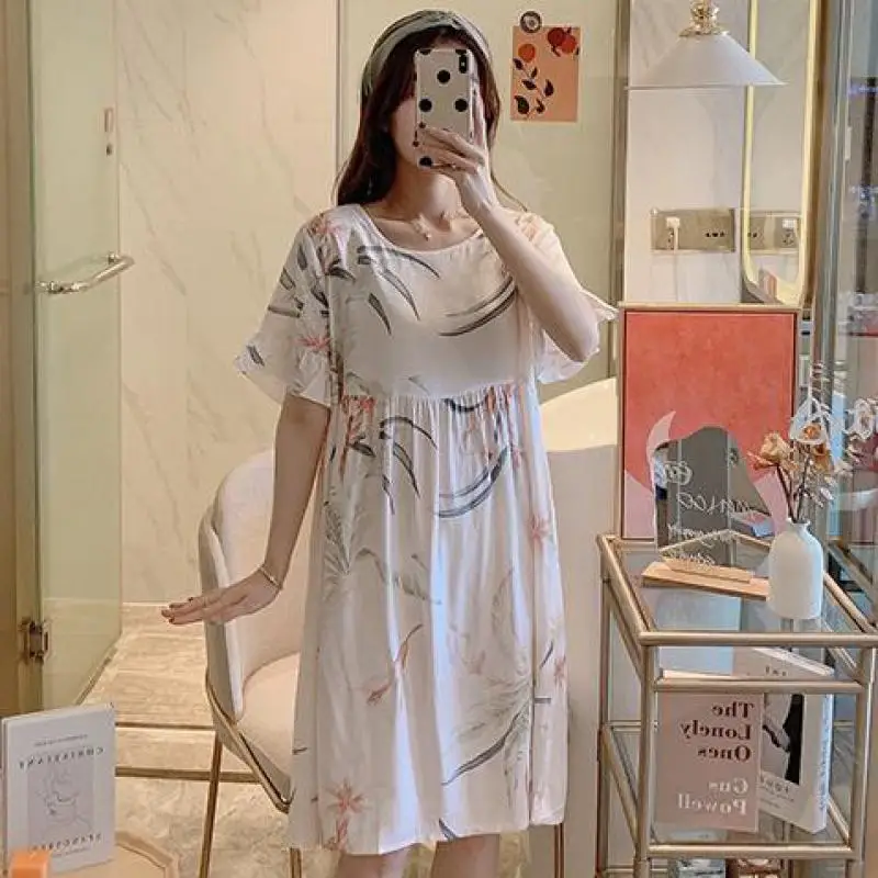 

Print Flower Nightwear Female Nightgown Sleep Dress Soft Nightdress Intimate Lingerie Casual Home Dressing Gown Sleepwear