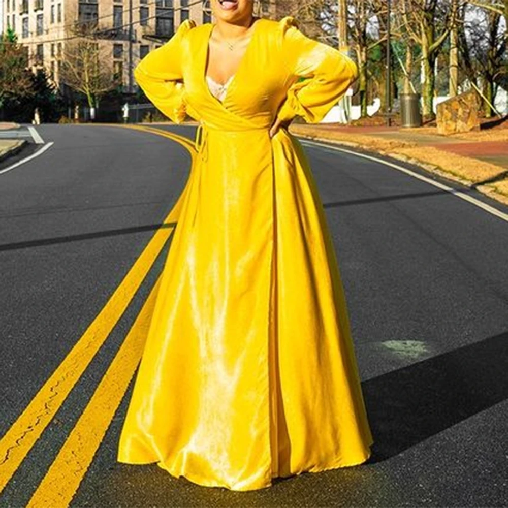 

New Autumn Dress 2021 Female Solid Color V-neck Long-sleeved Casual Tie Africa Fashion Temperament Europe America