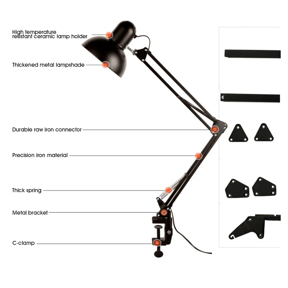 LED Desk Lamp Metal Swing Arm Spring Loaded Adjustable Joints Architect Task with C-Clamp E27 Bulb(Not Included) | Освещение