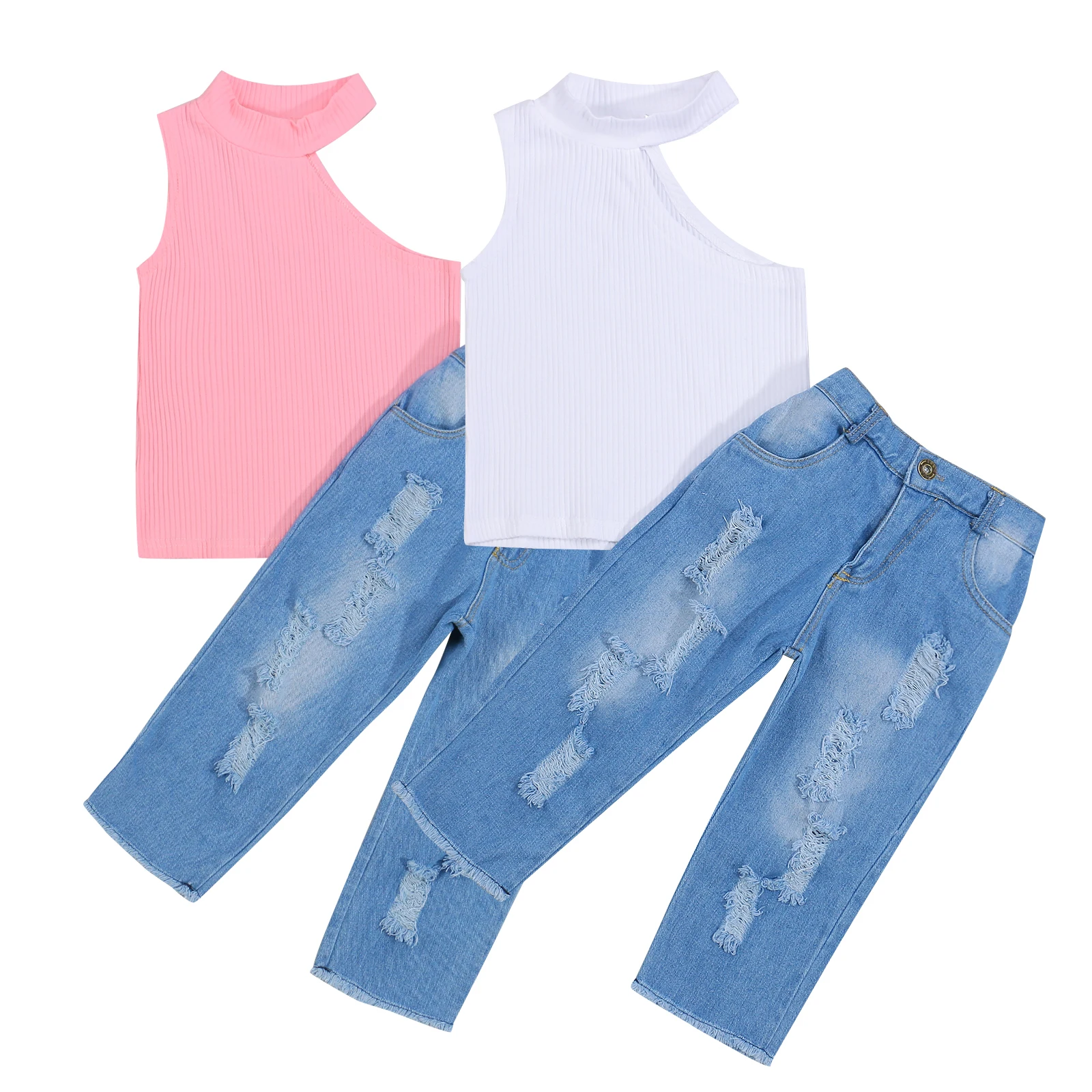 

Fashion Toddler Girls Clothing Off Shoulder Tops Hole Jeans Denim Pants Outfits Summer Kids Baby Casual Kids Clothes 1-6Y