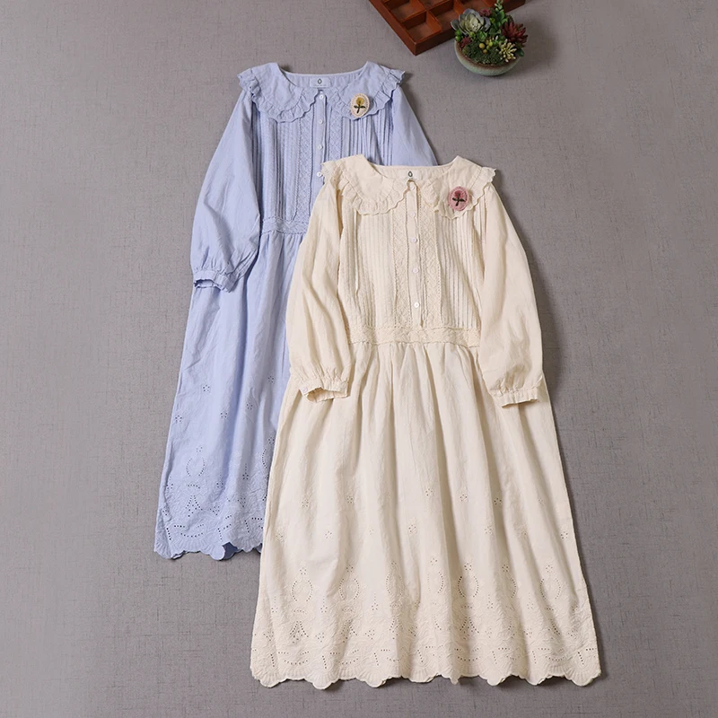 

Женское хлопковое платье с вышивкой Mori Series, повседневное осеннее платье с длинным рукавом, MDW809