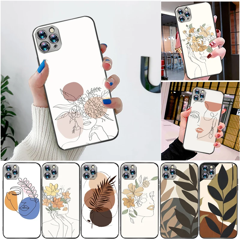 

Funny Abstract Women Face Line Phone Case For iPhone 11 12 XR XS X Pro MAX 7 8 6 6S Plus SE 2020 Abstract Leaf Carcasa Coque