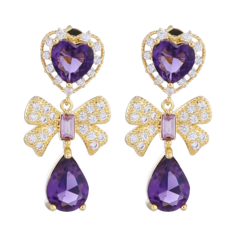 

Retro Palace Purple Heart Pendant Earrings Temperament Heart-shaped Bow Water Drop Pendant Women Jewelry