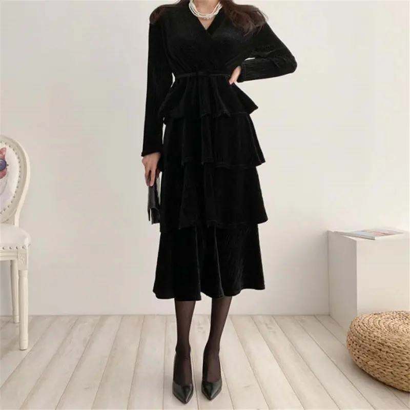 HziriP вельветовое Стильное однотонное элегантное платье с v-образным вырезом 2020