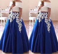 2019 lace appliques two piece prom dresses boat neck arabic evening party gown elegant royal blue robe de soiree prom dress