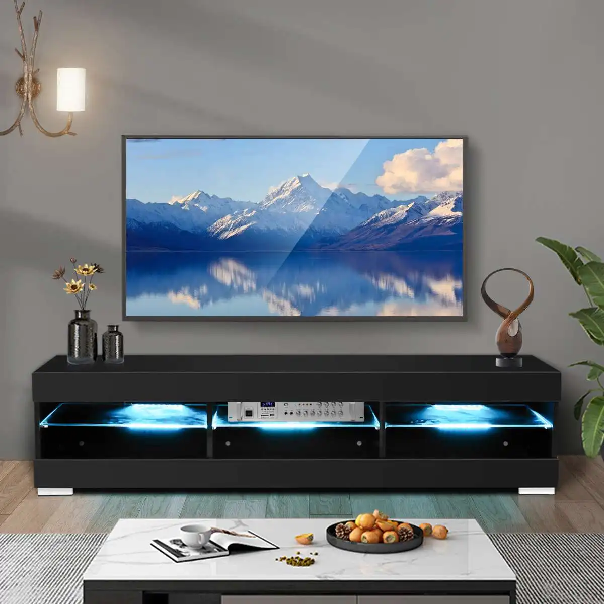 

Шкаф для телевизора с RGB-подсветкой, 57 дюймов, со стеклянной полкой и пультом дистанционного управления
