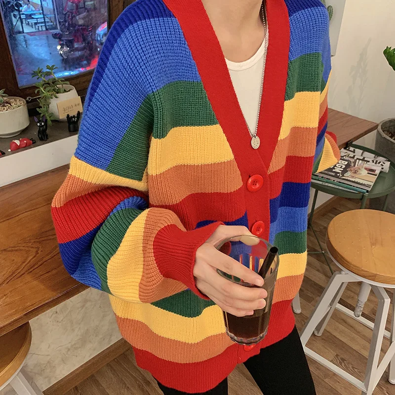 

Loose Cardigan Casual Women Jacket Autumn Korean Ins Harajuku Sweet Rainbow Striped Long-sleeve Knit Sweater Women