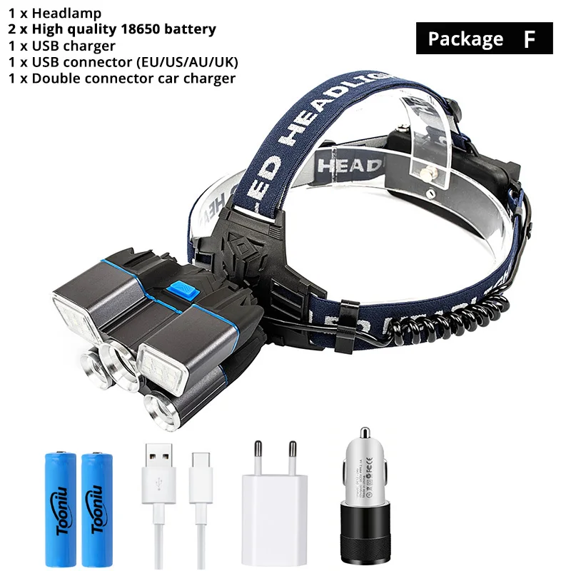 Package F Супер яркий светодиодный налобный фонарь с зарядкой от USB, красный и синий предупреждающий светильник 21 лампа из бисера, Водонепроницаемый светодиодный налобный светильник для рыбалки и охоты - Испускаемый цвет: Package F