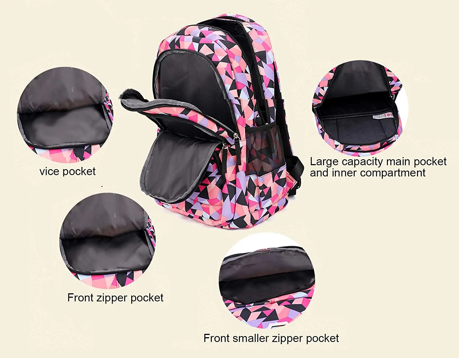 School Bags for Girls Geometric Print Kids Backpack with Lunch Case Elementary Bookbag Large Capacity Mochilas