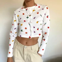 european american single breasted fruit print t shirt womens autumn 2020 new slim all match fashion button top