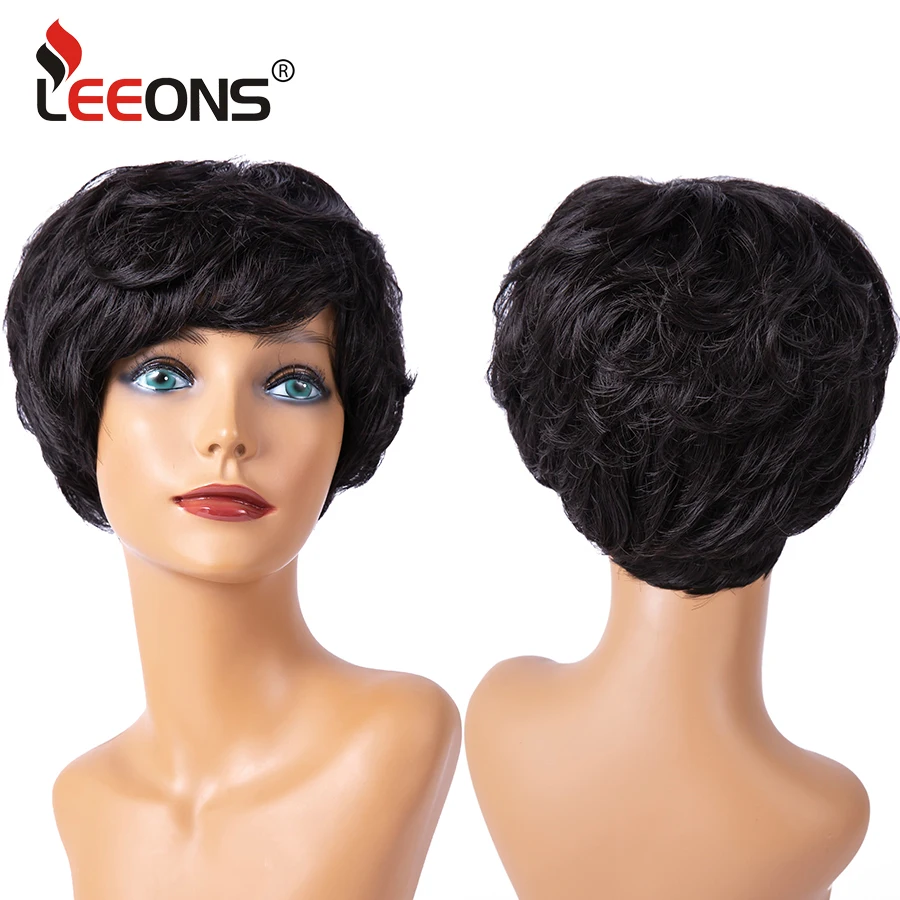 

Leeons Короткие вьющиеся черные синтетические парики с челкой для черных женщин многослойный Косплей термостойкий синтетический короткий па...