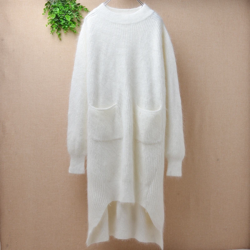 Женский кашемировый свитер ручной вязки с длинными рукавами и большими