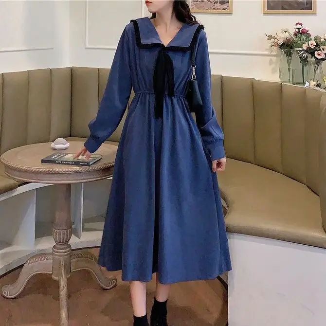 

Vintage Japanese Corduroy Dresses Lace Doll Collar First Love Style Dress Mori French Mid-Length Skirt Spring 2021 платье