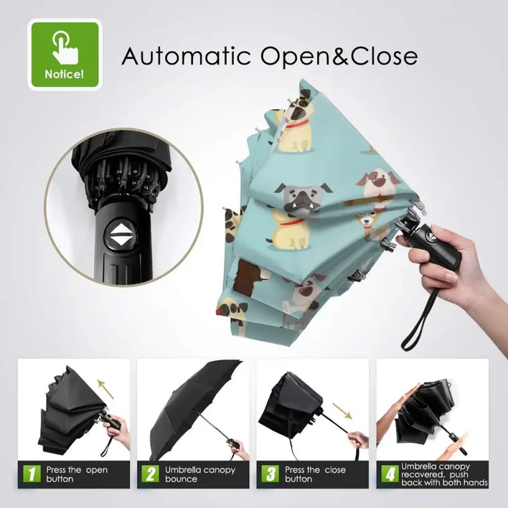 Prezzo Ombrello Automatico Pioggia Donna Ombrello A Tre Pieghe Razze Di Cartone Animato Di Cane Ombrello Antivento Ombrello Impermeabile Femminile