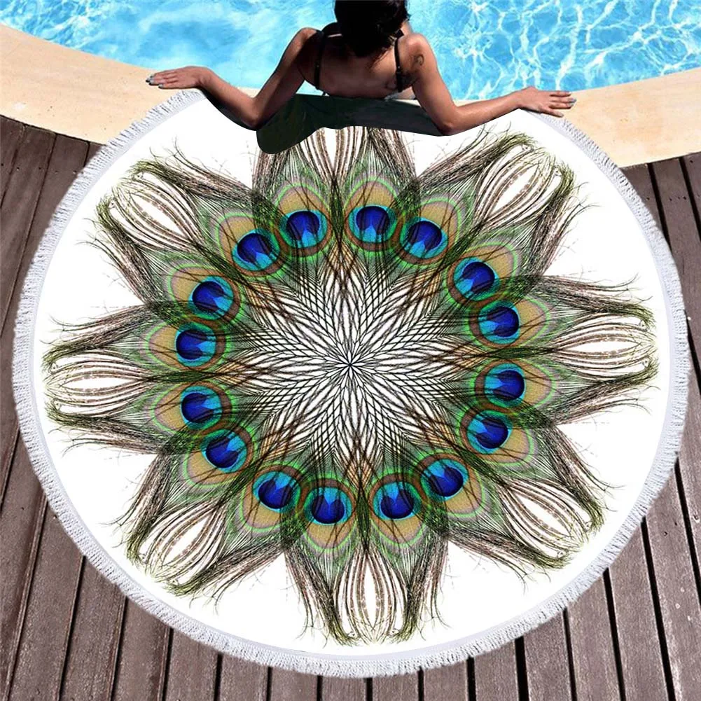 

Free shipping Watercolor Ethnic Mandala Circles Flower Peacock Feathers Geometric Fringed Large Swim Bath beach towel Blanket