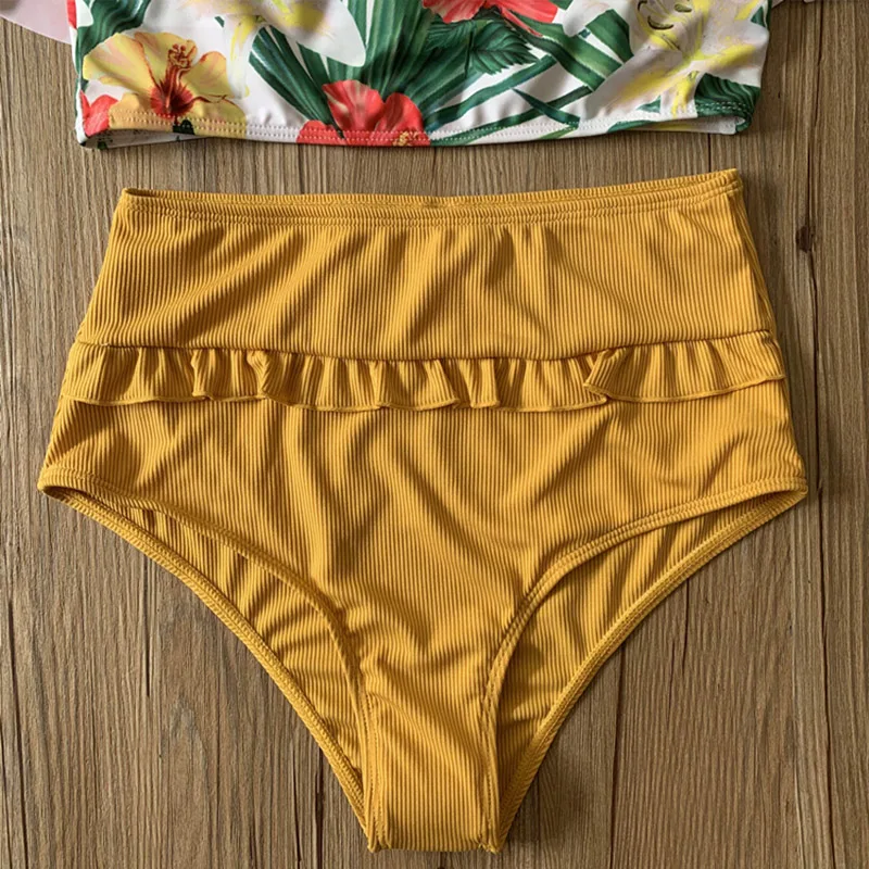

Para Praia Ruffles High Wasit Swimsuit Women Flower Print Two Piece Bikini Set Off Shoulder Swimwear Sexy Beach Biqiuni S-XL