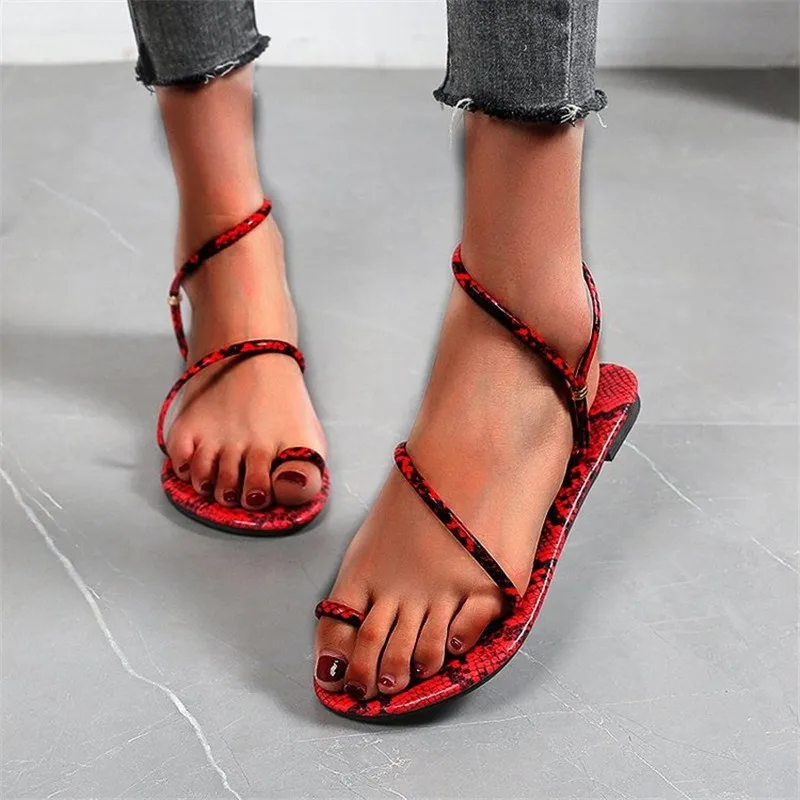 Summer Women's Sandals Clip Toe Snake Pattern Slippers Ankle Strap Female PU Leather Flats Lady Beach Fashion Personality Shoes