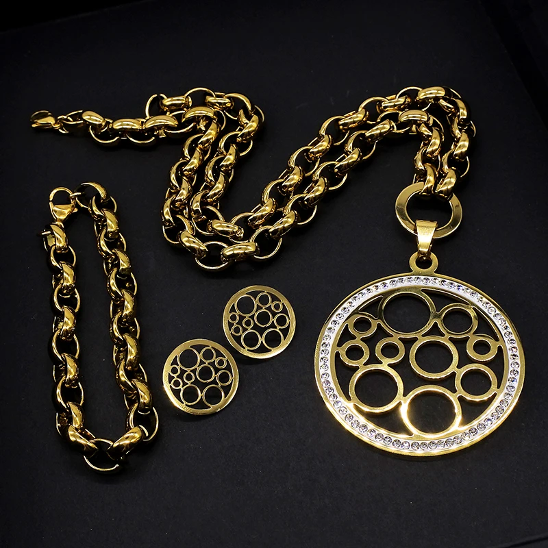 AMUMIU Колье Браслеты Серьги наборы кристаллов круглые полые из нержавеющей стали