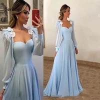 sevintage sky blue long sleeves prom dresses 2020 with flowers feather jacket formal evening party gowns vestido de festa