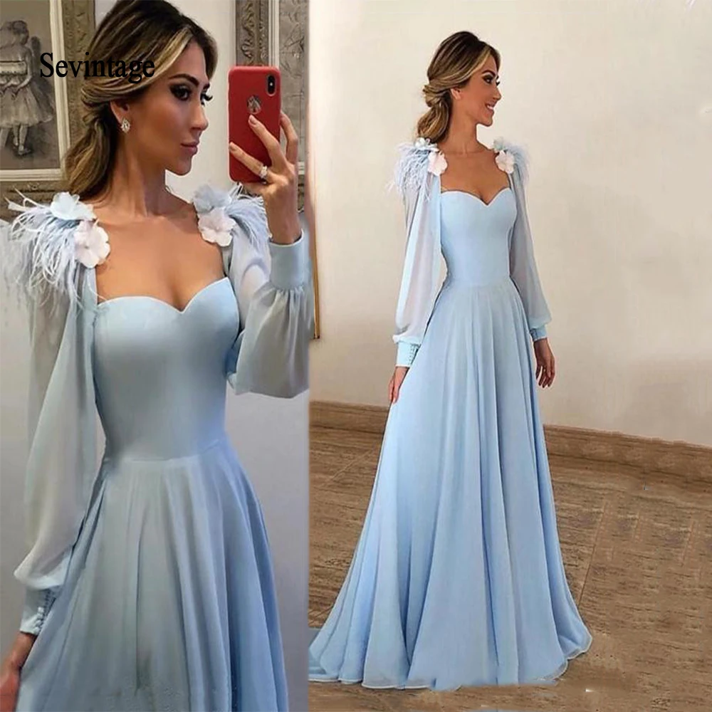 Женское вечернее платье Sevintage небесно голубое с длинными рукавами и цветочным