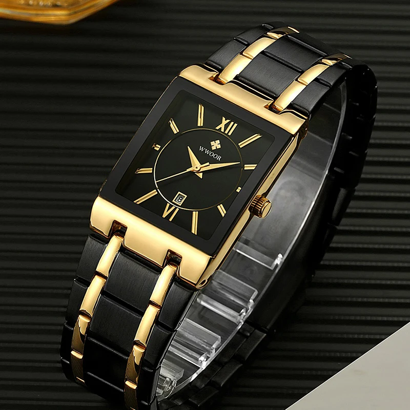 Gold Watch Men Square Watches Top Brand Luxury Golden Quartz Stainless Steel Waterproof Wrist Watch Luxury Military Wristwatch