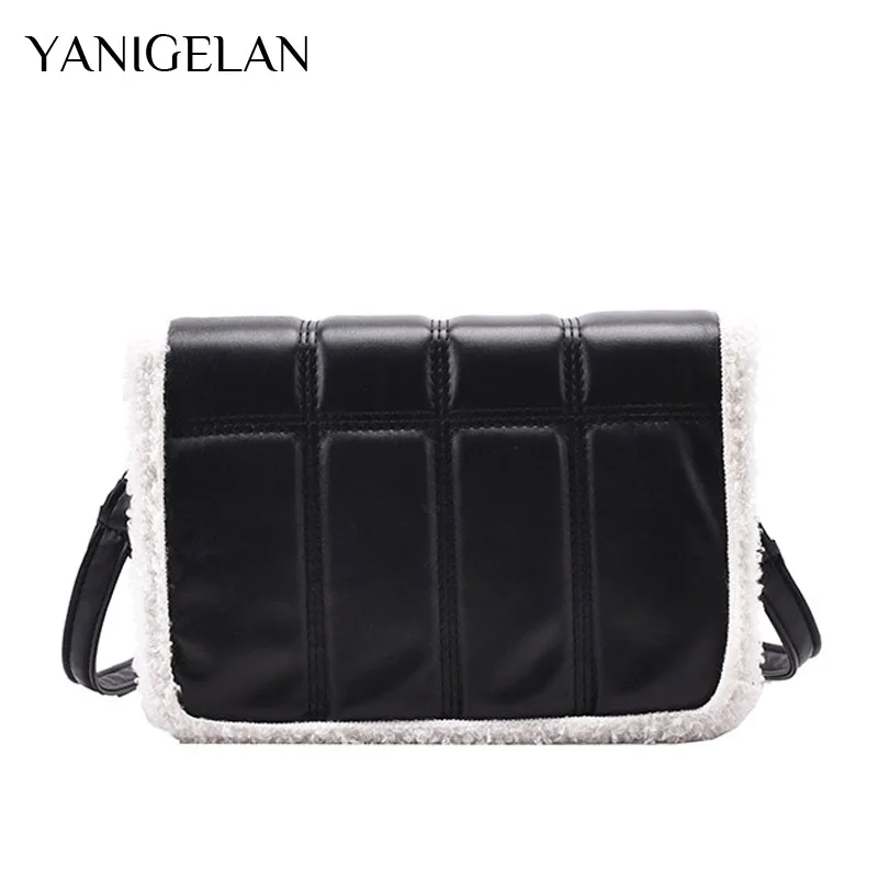 

YANIGELAN Black Leather Shoulder Bag Women Quality Fur Square Bag Female Winter Luxury Crossbody Handbag Bolsa Feminina De Ombro