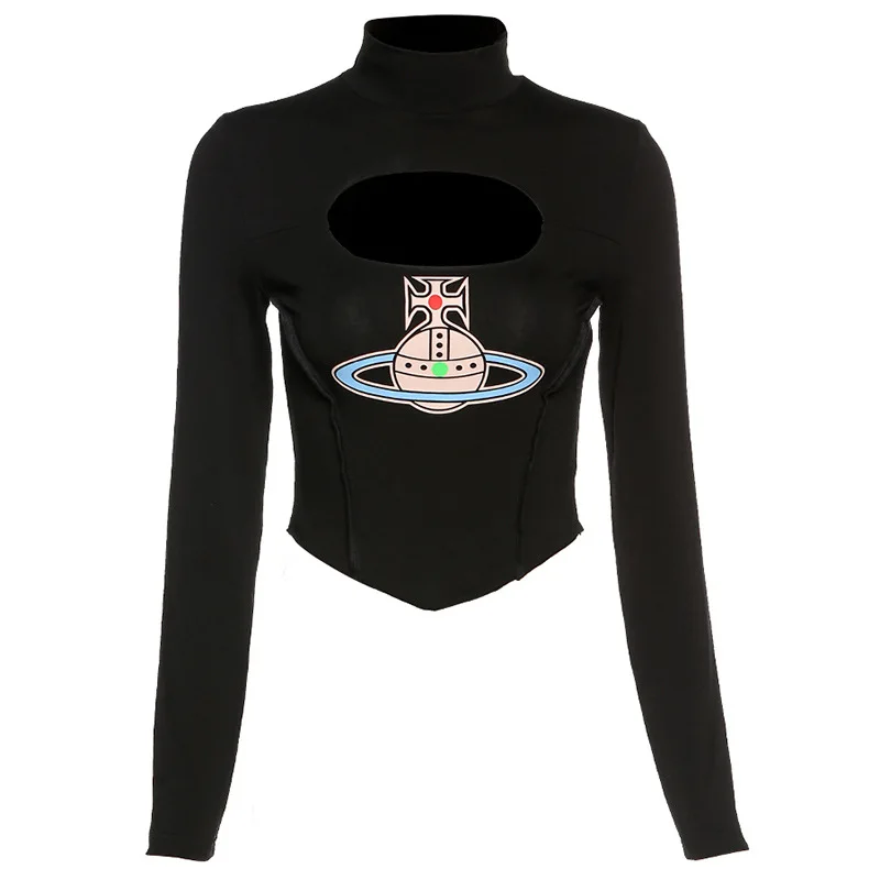 

European and American Fashion New Style Long-sleeved Half-high Collar Hollow Print Slim Slimming All-match Casual T-shirt Women