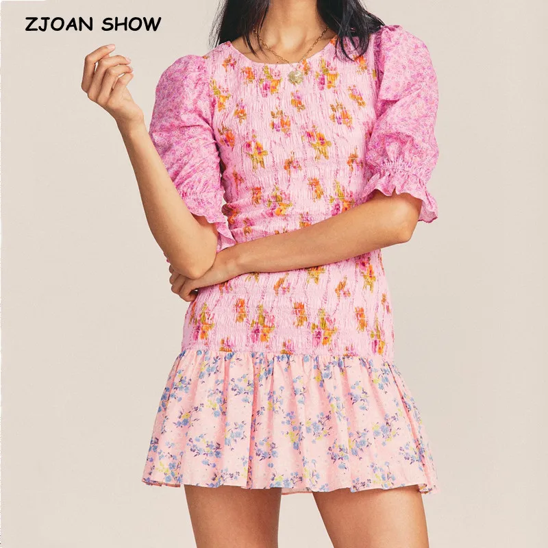 

2022 Romantic Puff Sleeve Floral Body Elastic Ruched Mini Dress Woman Spliced Wood ears Ruffles Hem Package Hips Holiday Robe