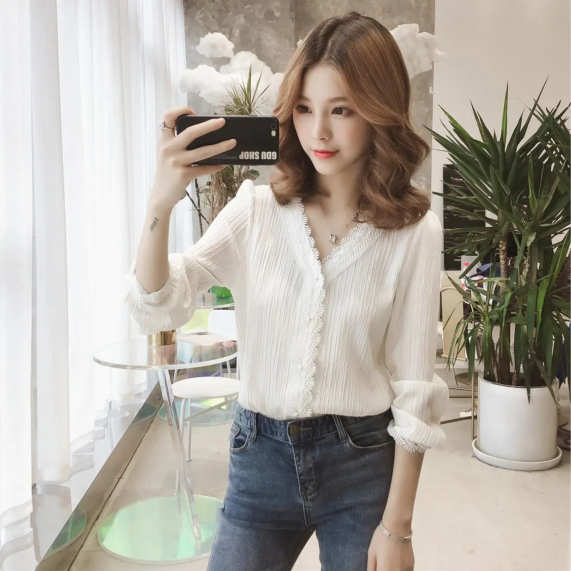 Spring Summer Women's Blouse Chiffon Shirt Long-sleeved V-neck Student Very Fairy White Blouse Lace Edge Western Style Shirt