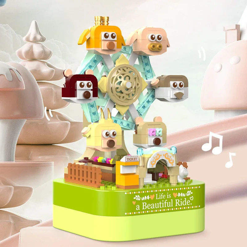 

New Music Box Music Box Model Assembled Qimeng Paradise Brickheadz Ferris Wheel Children's Building Block Toys for Gifts