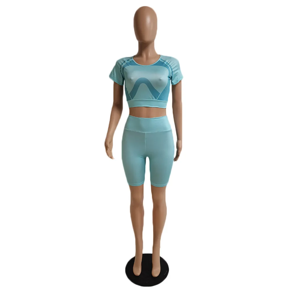 

Beyprern Sport Short Set Women Fitness Athletic Gym Set Summer Short Sleeve Crop Top Yoga Shorts Workout Overalls 2 Piece Outfit